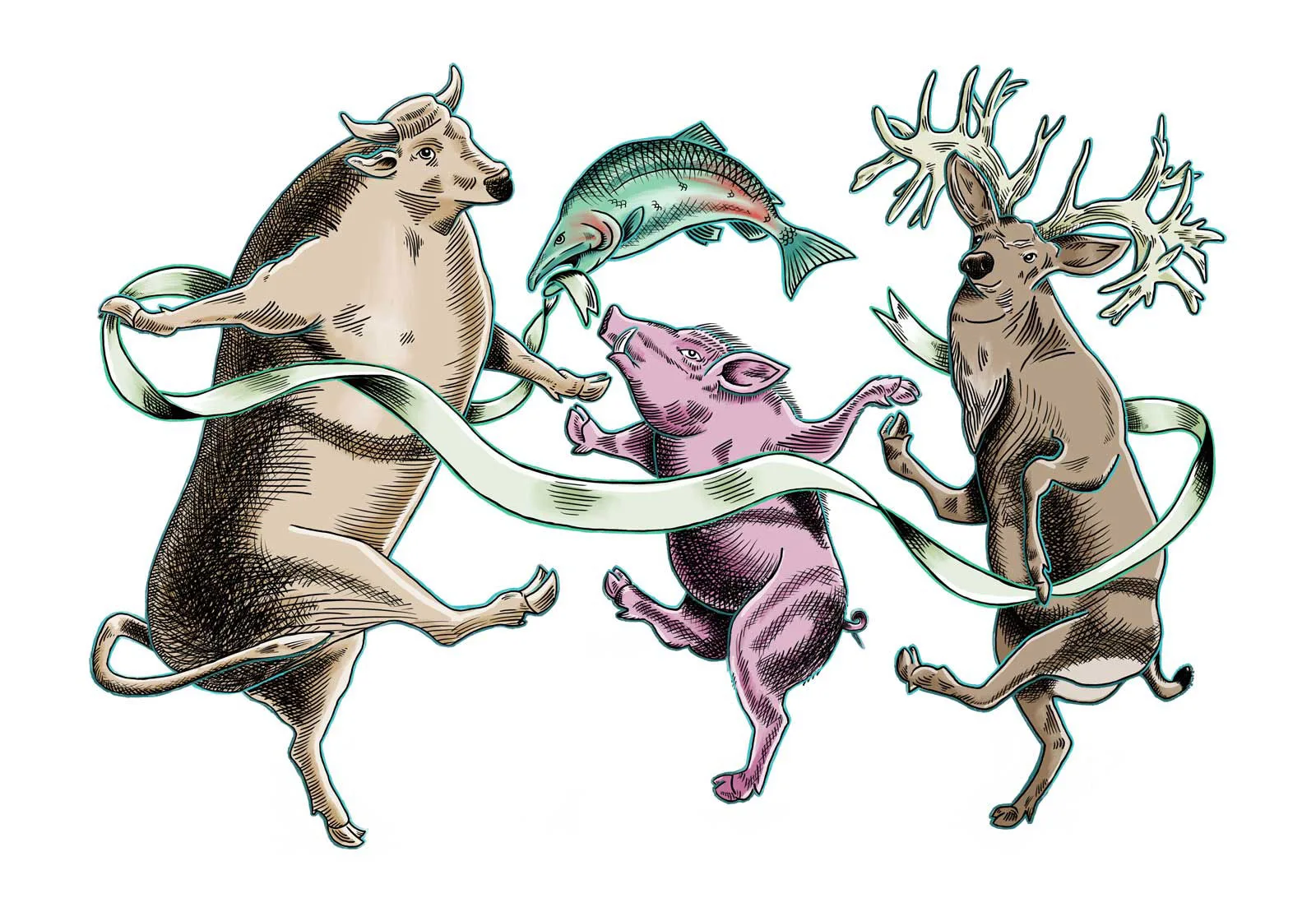 Illustration of dancing animals cow salmon pig boar deer with ribbon by Doodl Creative