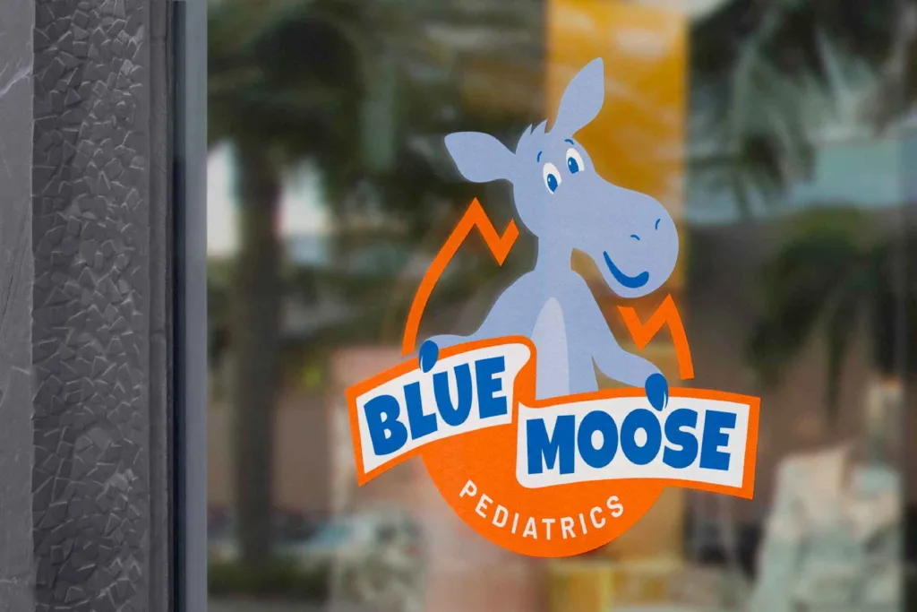 Front door window sign design for Blue Moose Pediatrics